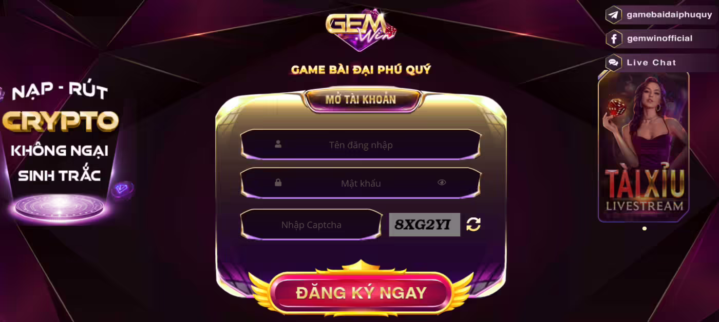 Giao diện đăng nhập/đăng ký Gemwin